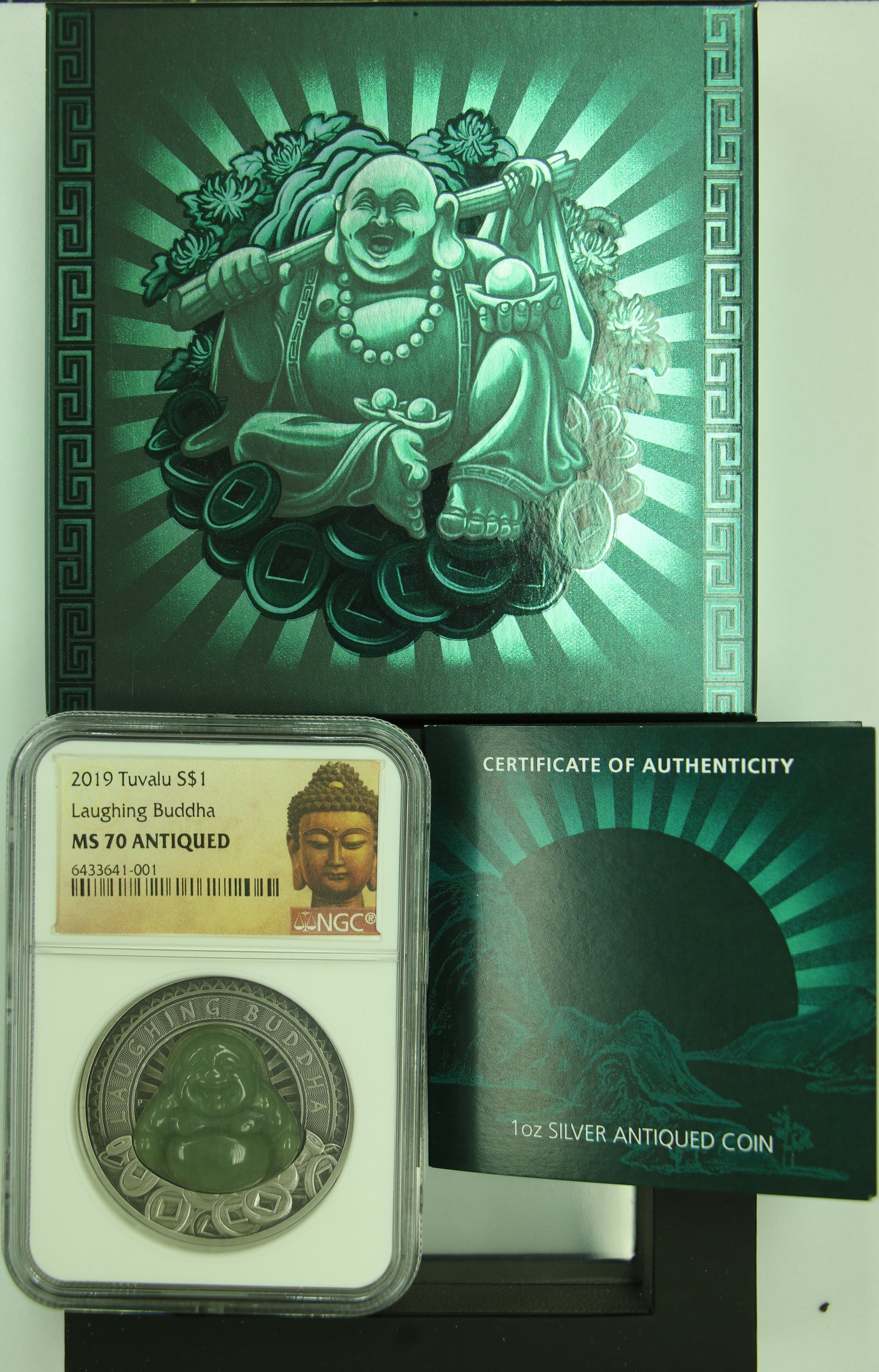 2019 MS70 Antiqued Tuvalu Silver Laughing Buddha 1oz S$1 OGP Incl. Buddha Label