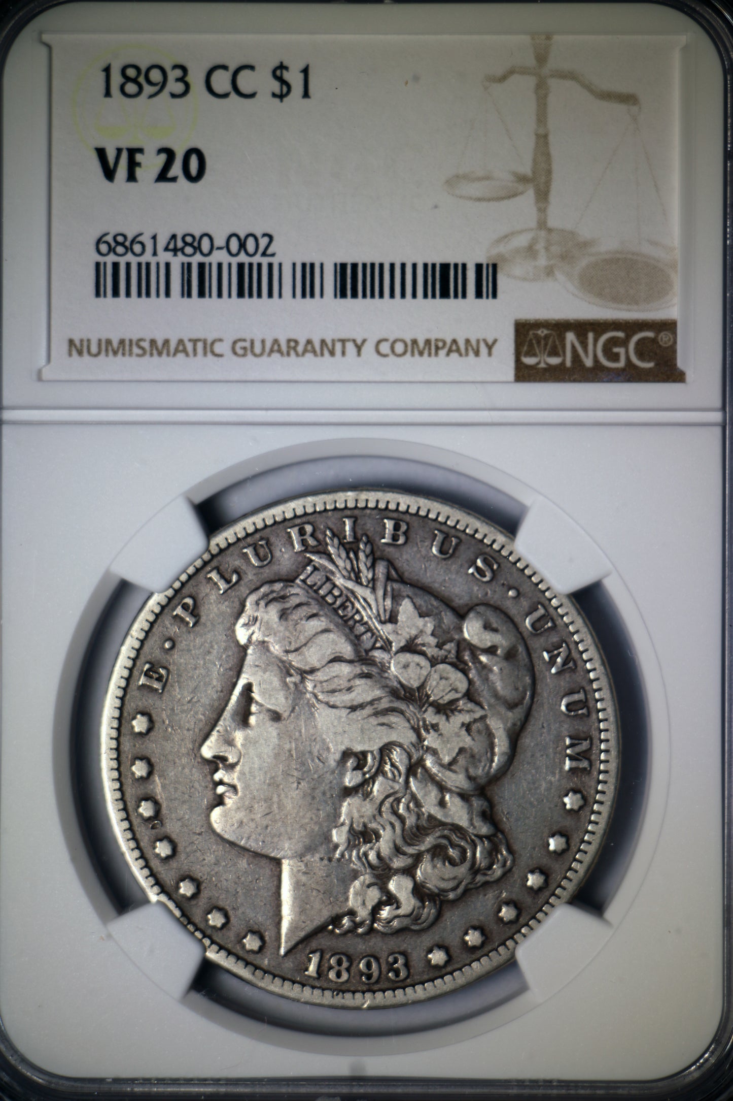 1893-CC NGC VF20 Morgan Silver Dollar Brown Label Tough Date