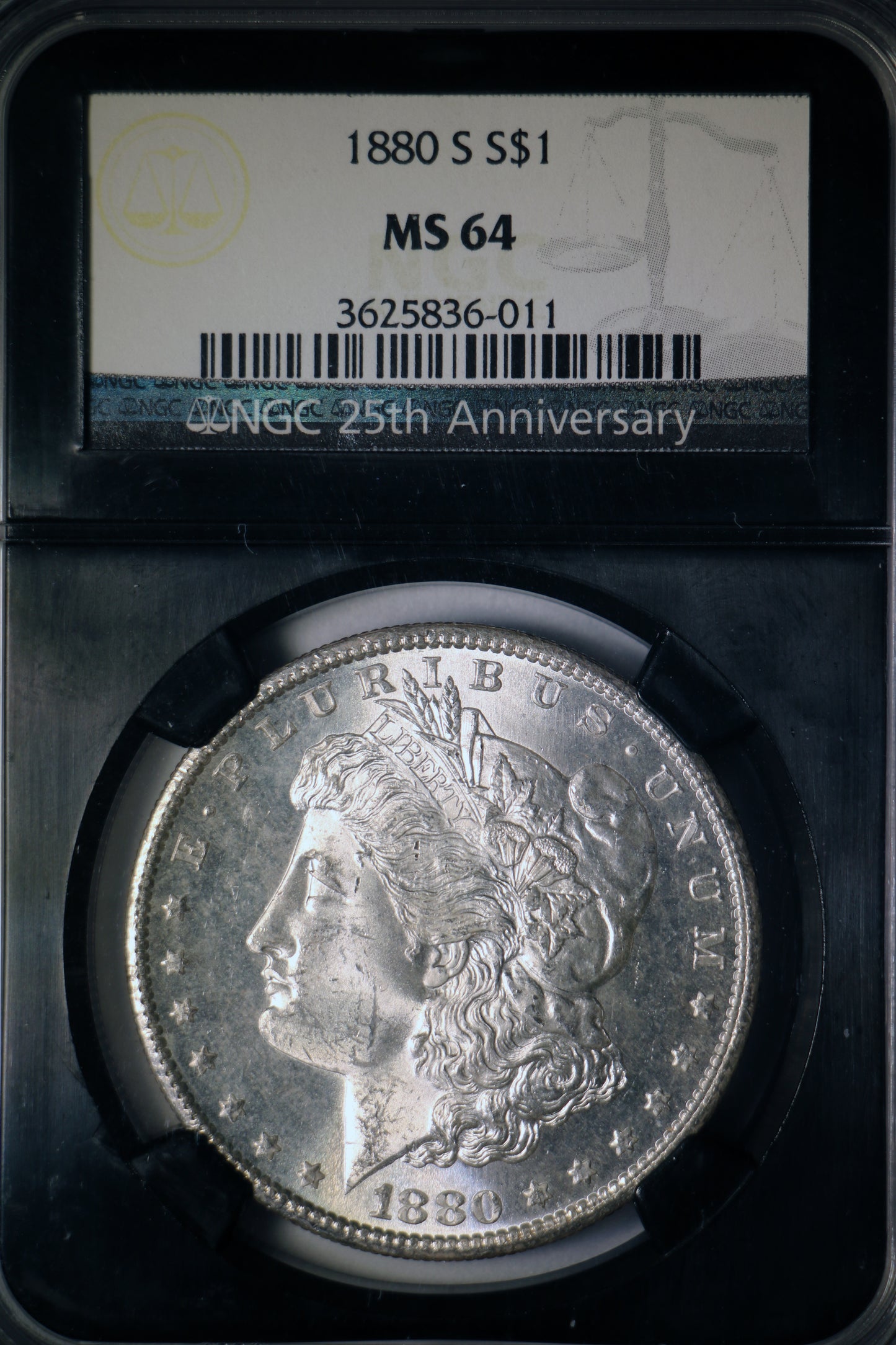 1880-S NGC MS64 Morgan Silver Dollar Black Core 25th Anniversary Label