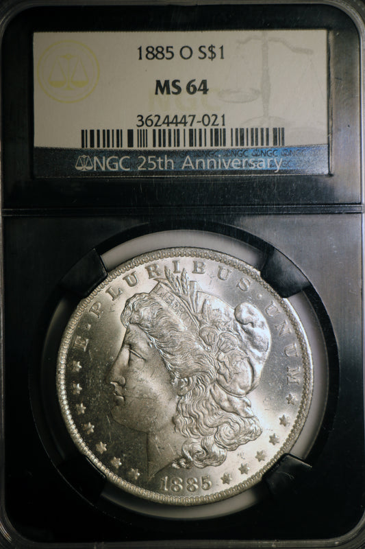 1885-O NGC MS64 Morgan Silver Dollar Gem Unc Black Core 25th Anniversary Label