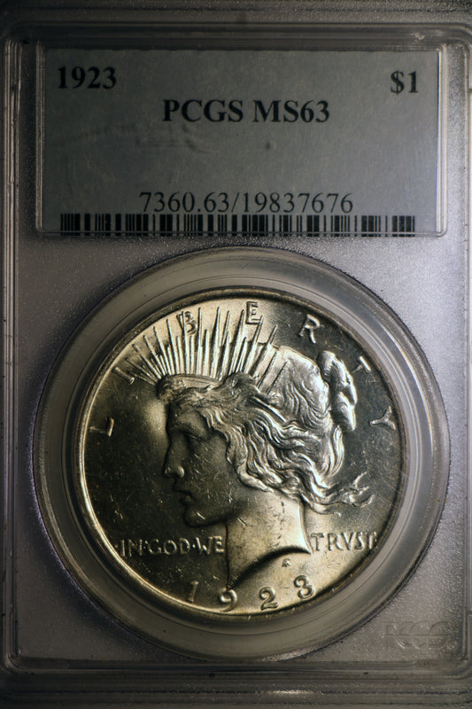 1923 PCGS MS63 Peace Silver Dollar Gem Unc Blue Label