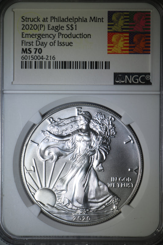 2020 NGC MS70 Silver Eagle Emergency Production First Day of Issue