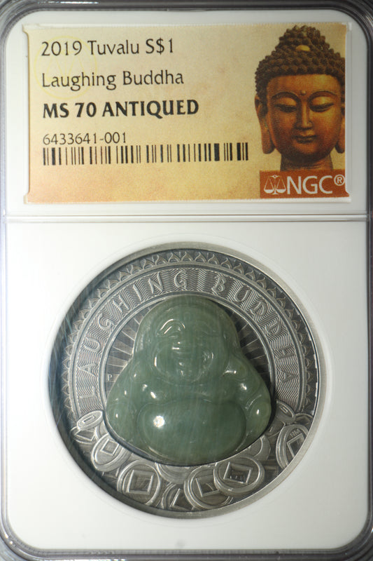 2019 MS70 Antiqued Tuvalu Silver Laughing Buddha 1oz S$1 OGP Incl. Buddha Label