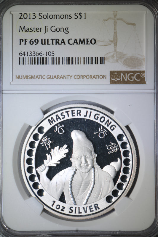 2013 PF69 Ultra Cameo Master Ji Gong Solomon Islands S$1 Proof 1oz Silver Coin