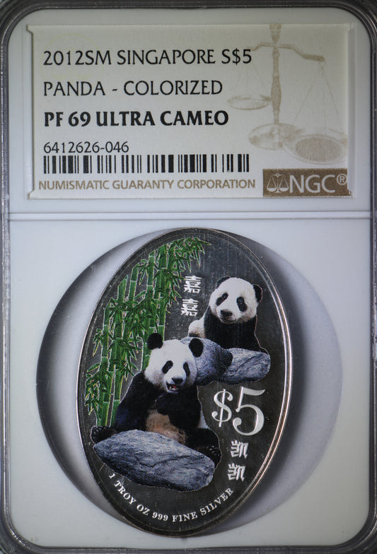2012SM PF69 Ultra Cameo Singapore S$5 Colorized Panda 1oz Silver Coin