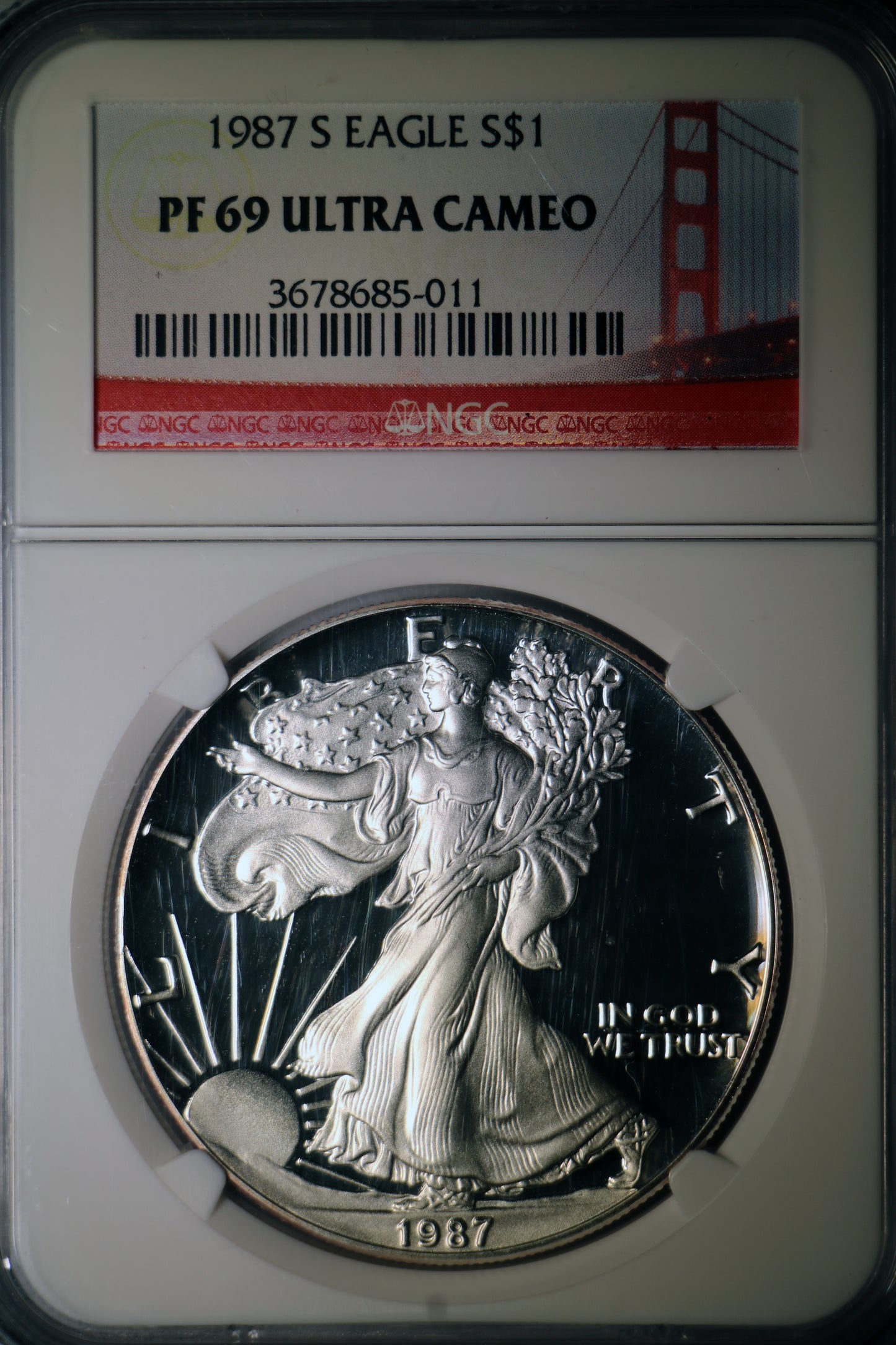 1987-S PF69 Ultra Cameo American Silver Eagle $1 NGC Golden Gate Label
