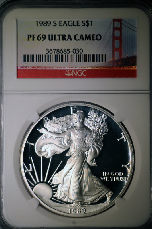 1989-S PF69 Ultra Cameo American Silver Eagle $1 NGC Golden Gate Label