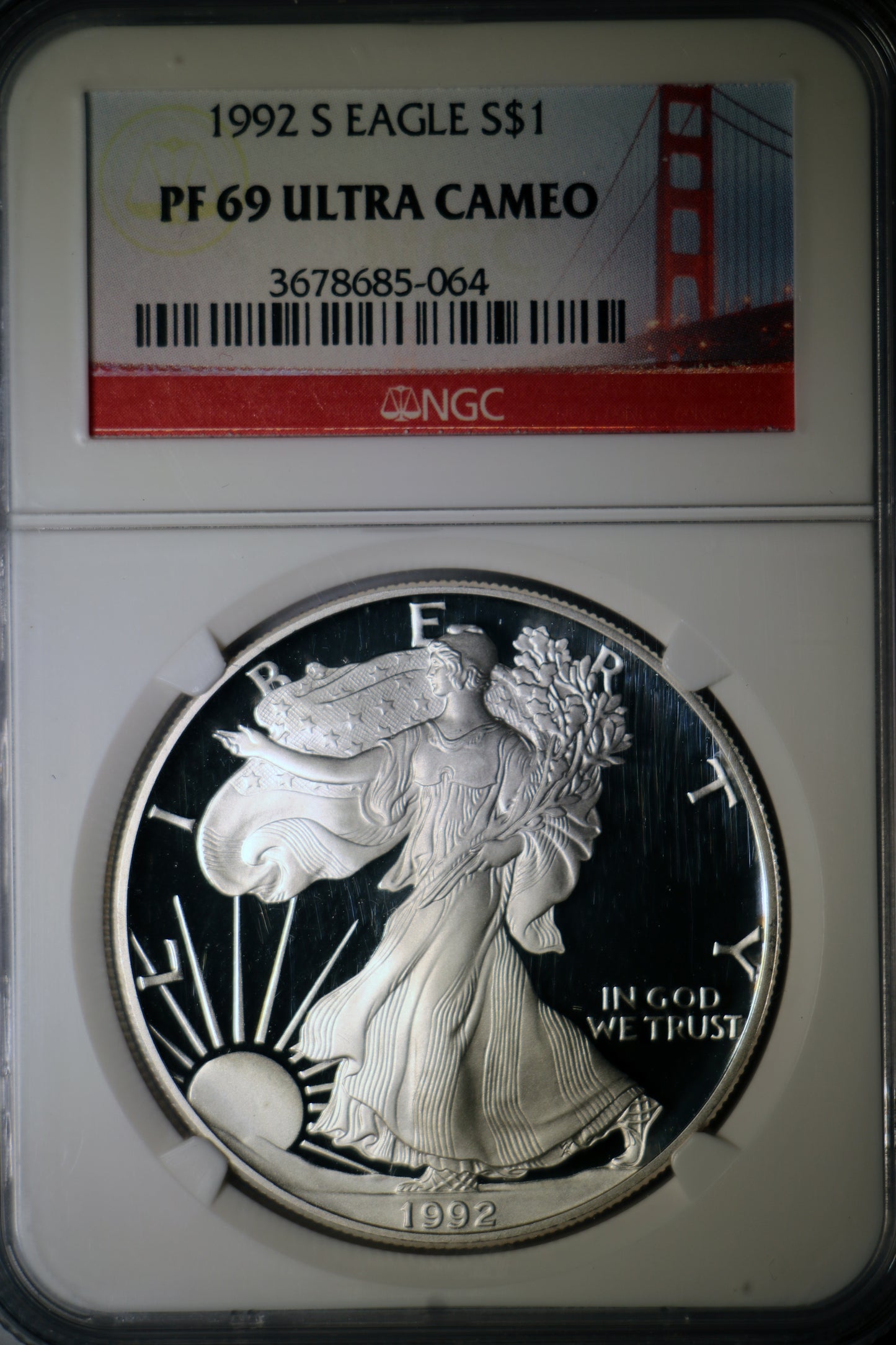 1992-S PF69 Ultra Cameo American Silver Eagle $1 NGC Golden Gate Label