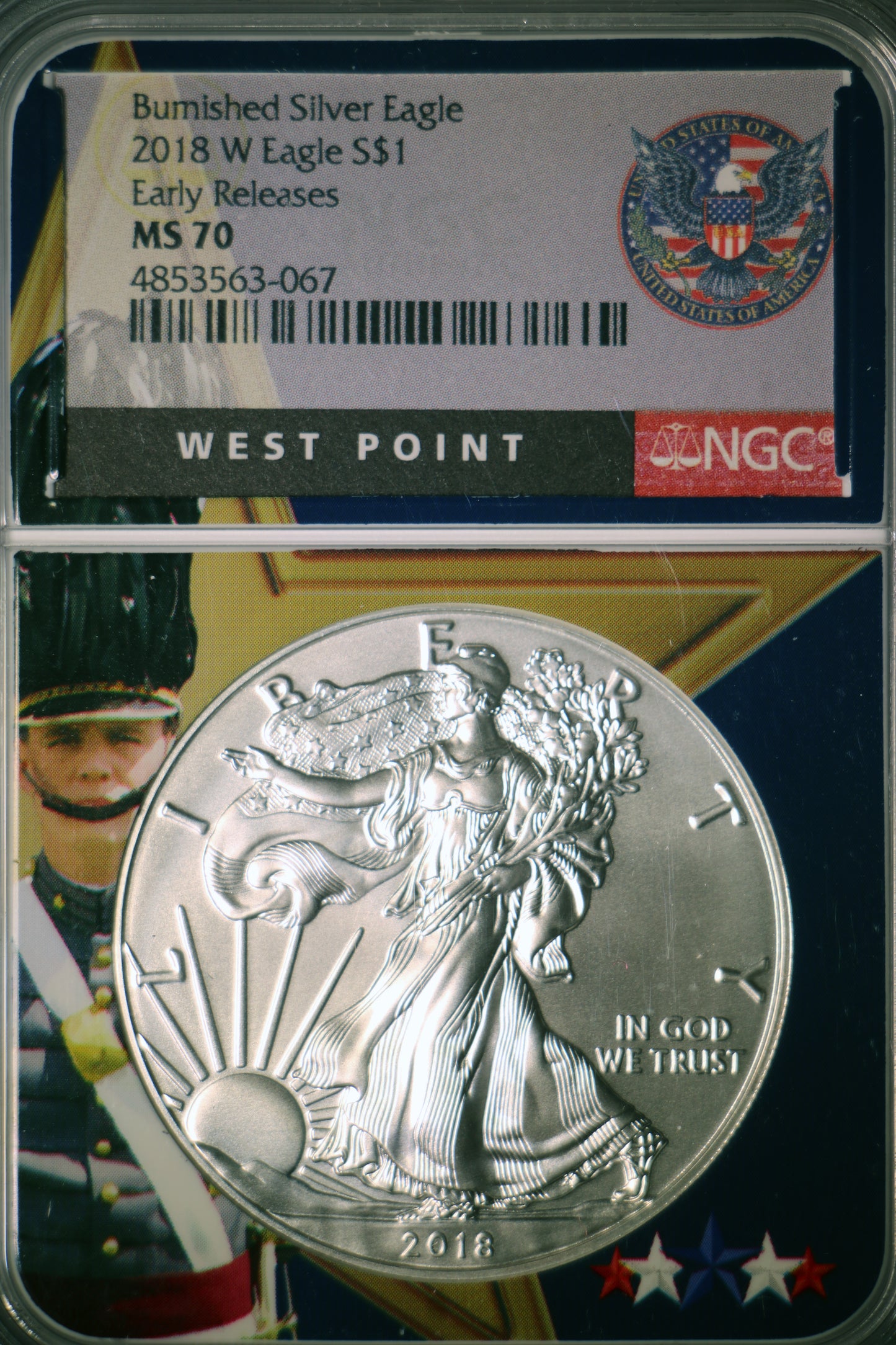 2018-W NGC MS70 Burnished American Silver Eagle Early Releases West Point Label