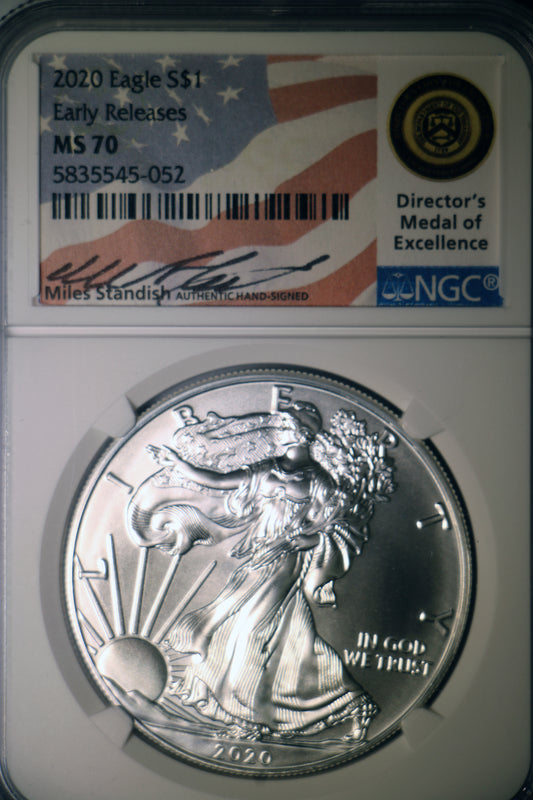2020 NGC MS70 American Silver Eagle Early Releases Hand Signed Miles Standish
