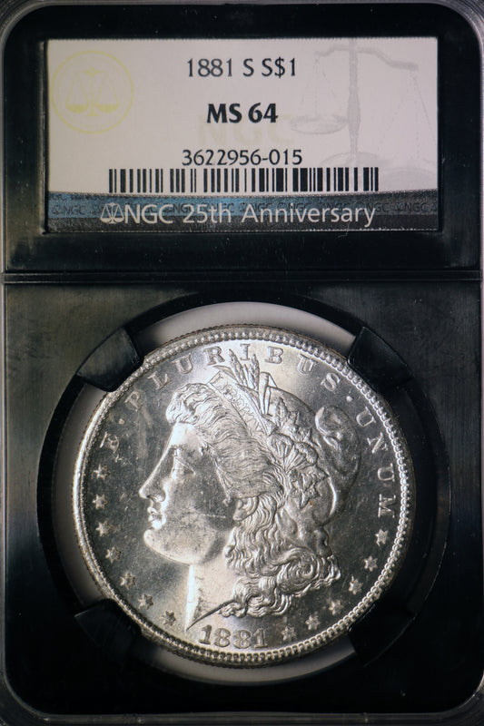 1881-S NGC MS64 Morgan Silver Dollar Black Core 25th Anniversary Label
