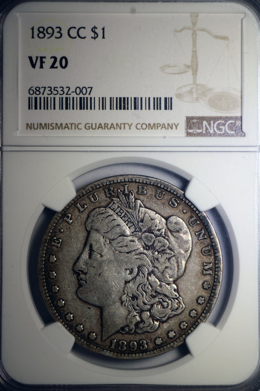 1893-CC NGC VF20 Morgan Silver Dollar Key Date Brown Label